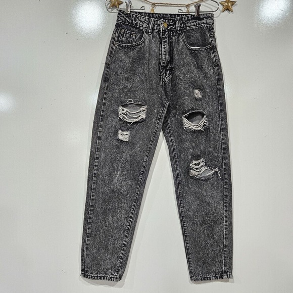 Shein Black Distressed Torn Destroyed Grunge Girly Jeans Size Small 26.5"×27" - Picture 1 of 13